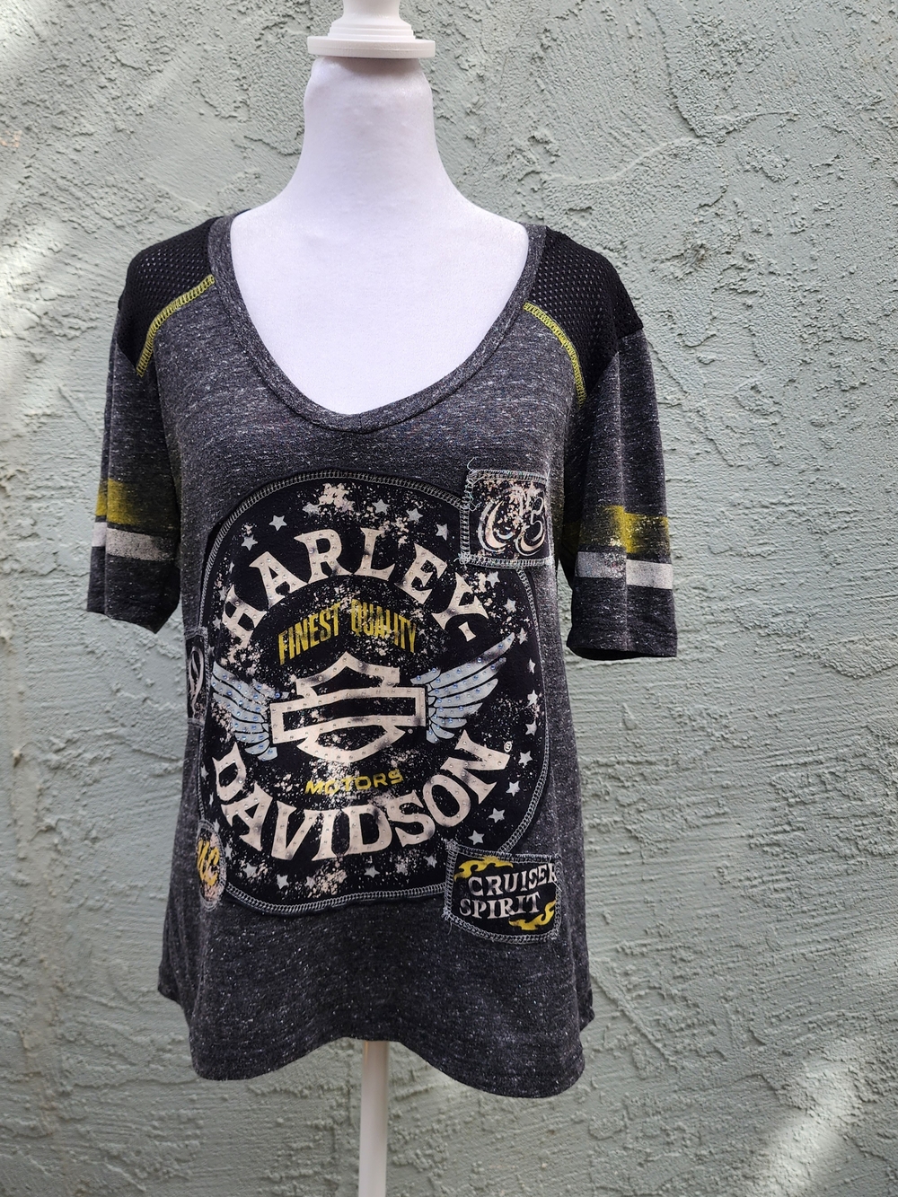 Harley Davidson Cruiser Spirit Graphic Tee Mesh Back Gray Women's Size L
